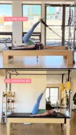 Showing two very similar exercises done on the Reformer and the Mat. See description below 👇

✨Long Spine Stretch on the Reformer:
The Long Spine stretch is an all time favorite of mine.

The straps give you more feedback and support as you roll up, and really nice traction as you roll down against the resistance of the straps.

(Disclaimer: I like to first first lengthen through the hamstrings, posteriorly rotate the pelvis and then roll up through the spine and roll back down with straight legs) 

✨Roll Over on the Mat: 
Very similar to the Long Spine Stretch, both are inverted with legs overhead. The Mat of course is more challenging because you are using your own body resistance without the support from the equipment to roll your body up and down.  

Both exercises work on mobilizing the spine, lengthening the hamstrings and of course, core stability. 

Try both of these gems in our weekly classes and see which one you prefer!

#reformerpilates 
#reformerworkout 
#matpilates 
#pilatesonthemat 
#pilatesstudio 
#pilatesnyc